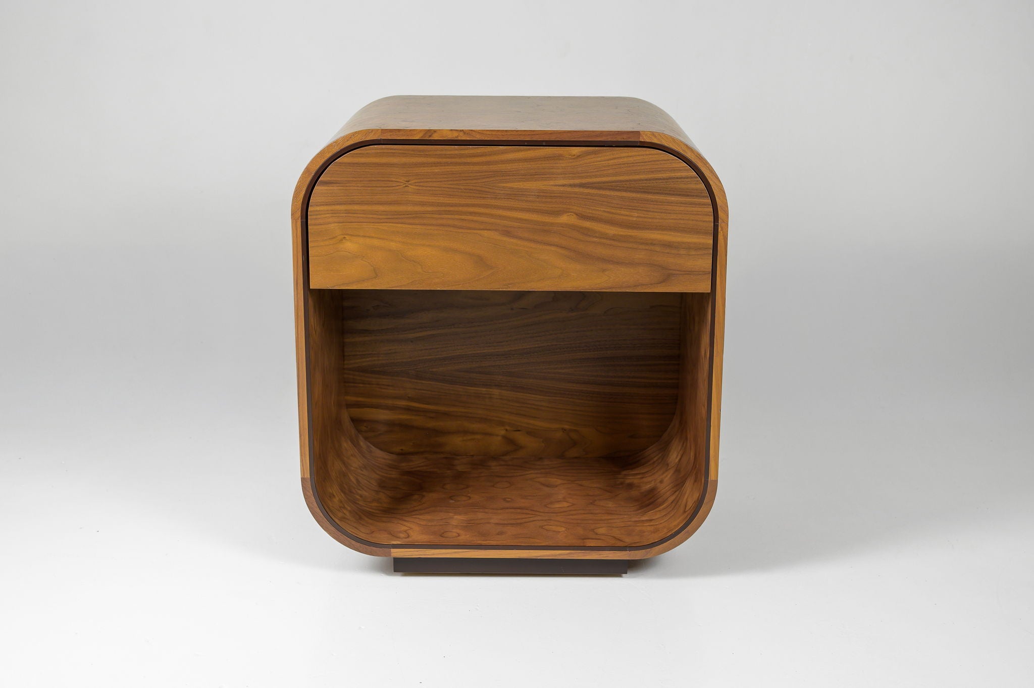 Rounded Walnut Cube Nightstand with Outlet