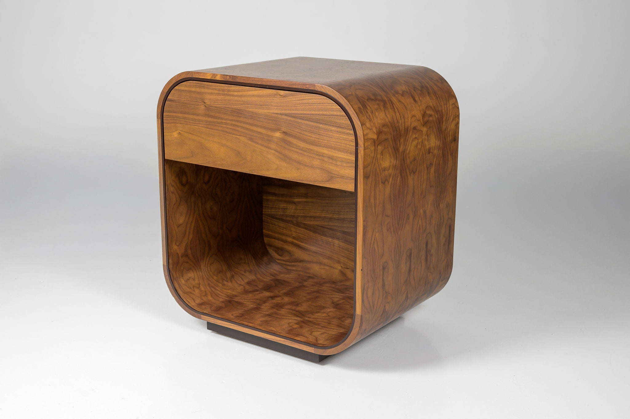 Rounded Walnut Cube Nightstand with Outlet