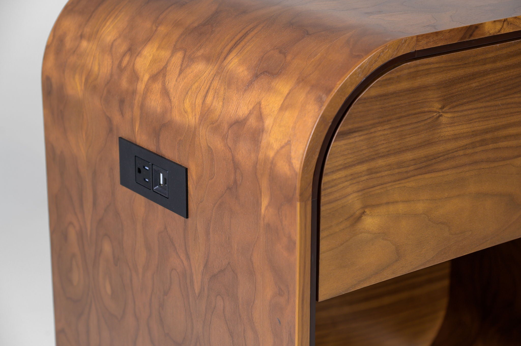 Rounded Walnut Cube Nightstand with Outlet