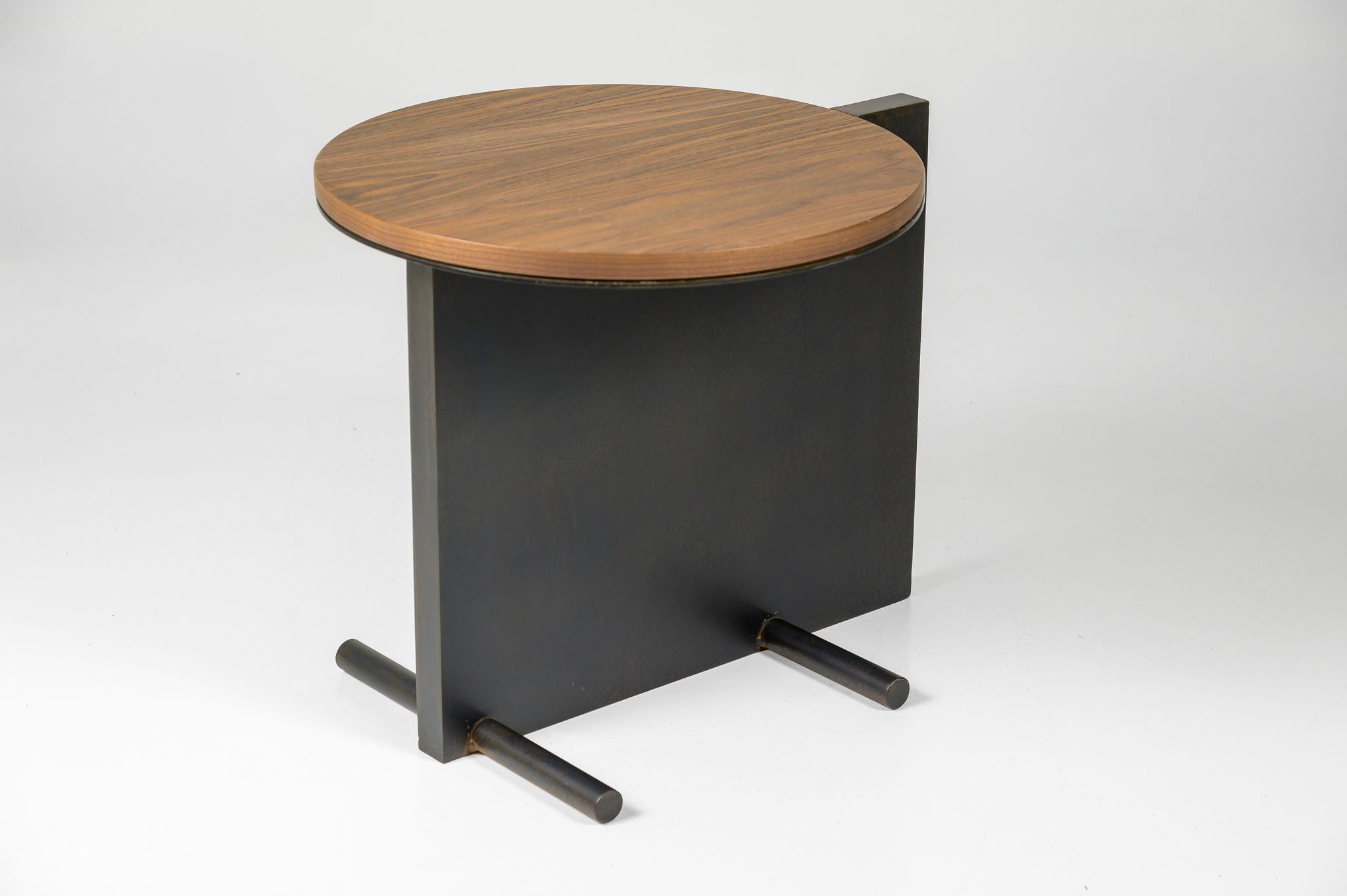 Round Walnut Top Side Table with Black Cross Base
