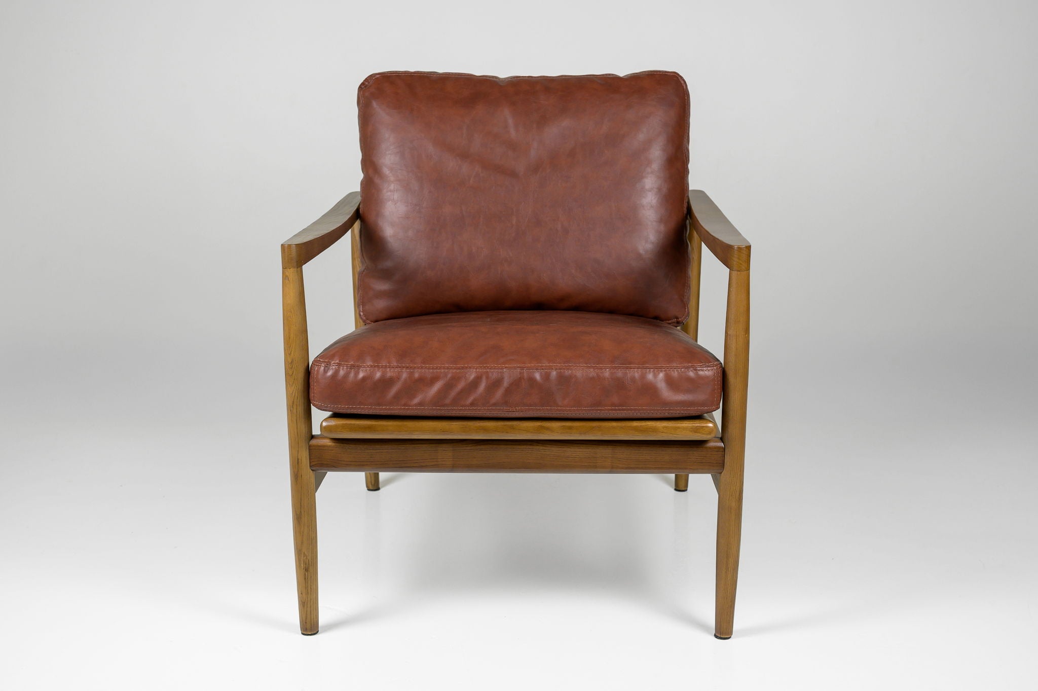 Cognac Leather & Wood-Slat Lounge Chair